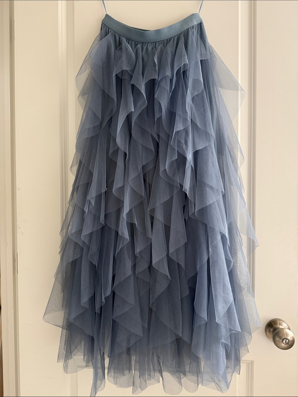 Layered Dusty Blue Maxi Tulle Skirt with Elastic Waistband